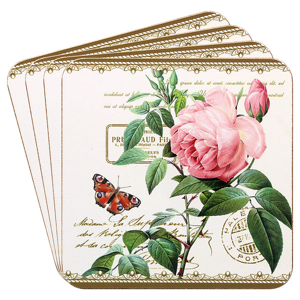 Glasunderlägg Redouté Rose – 4-pack med Rosmotiv i Presentask