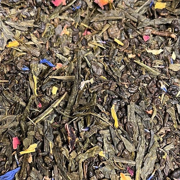 Regnbågsblandning - grönt te med rosor/rabarber