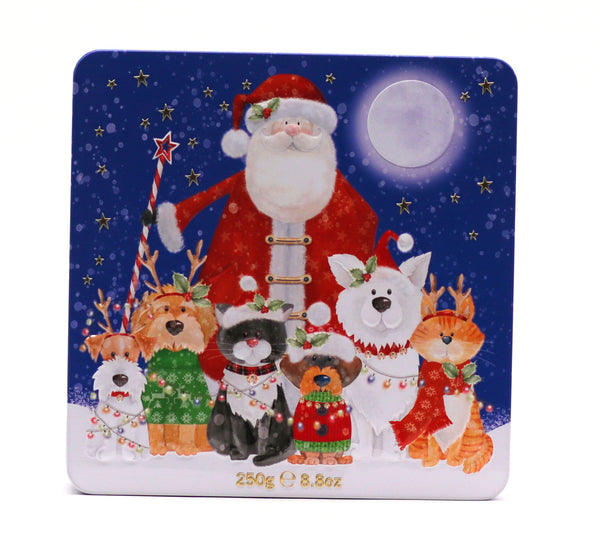 Santa Cat & Dog – plåtburk med julkakor 250 g, tranbär & vit choklad